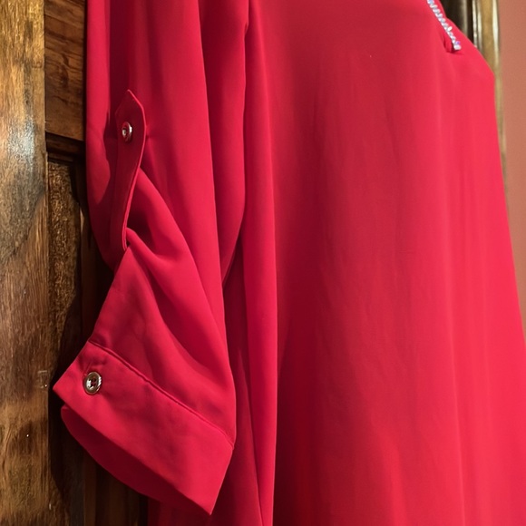 Red Rhinestone Embellished High Low Poly Tunic - Picture 4 of 10